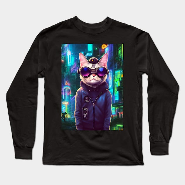 Techno Cat In Japan Neon City Long Sleeve T-Shirt by star trek fanart and more